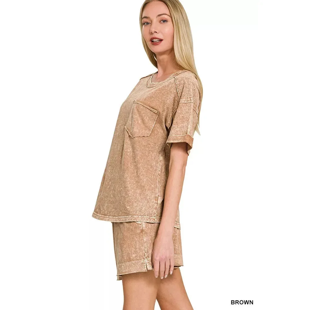Zenana Halo Snow Washed Exposed Seam Top & Shorts Set